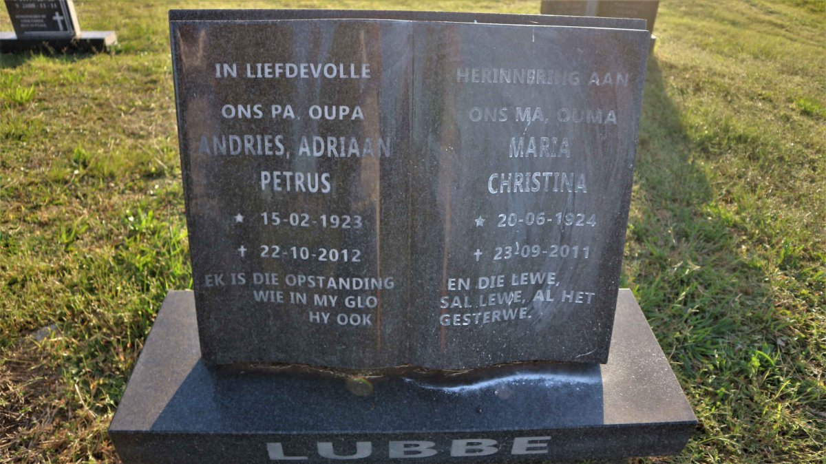 LUBBE Andries Adriaan Petrus 1923-2012 &amp; Maria Christina 1924-2011