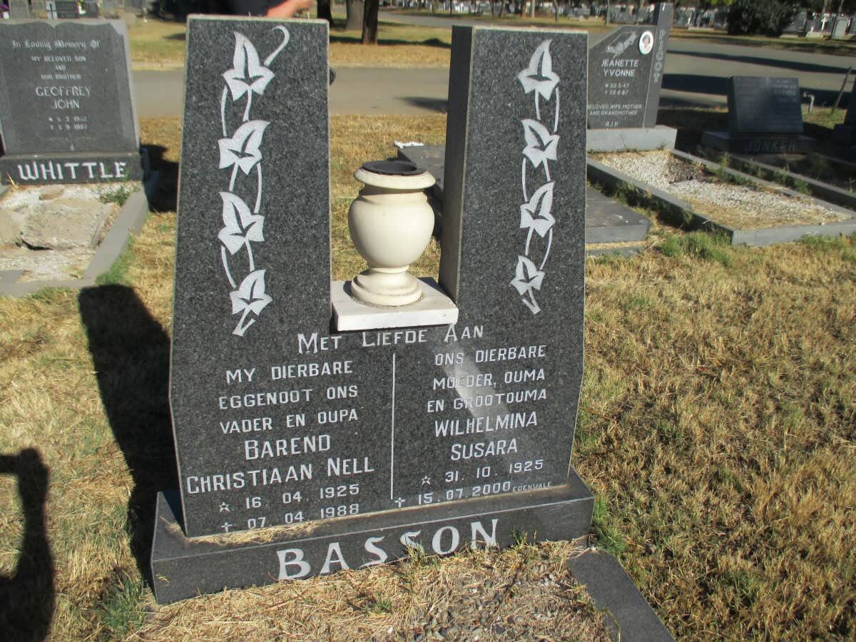 BASSON Barend Christiaan Nell 1925-1988 &amp; Wilhelmina Susara 1925-2000