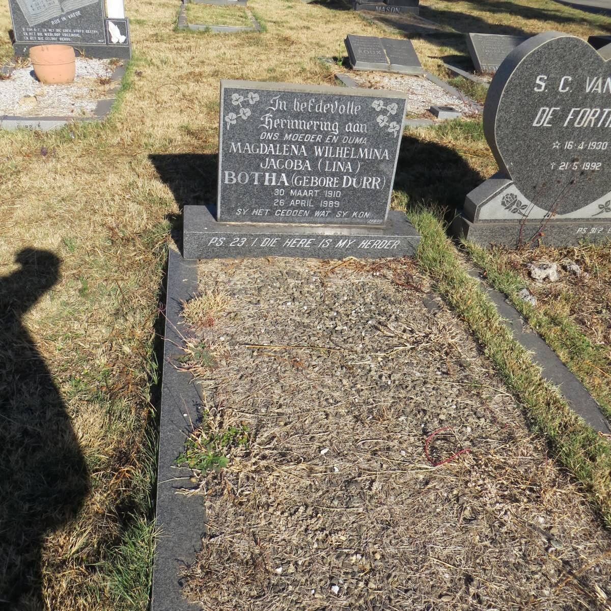 BOTHA Magdalena Wilhelmina Jacoba nee DURR 1910-1989