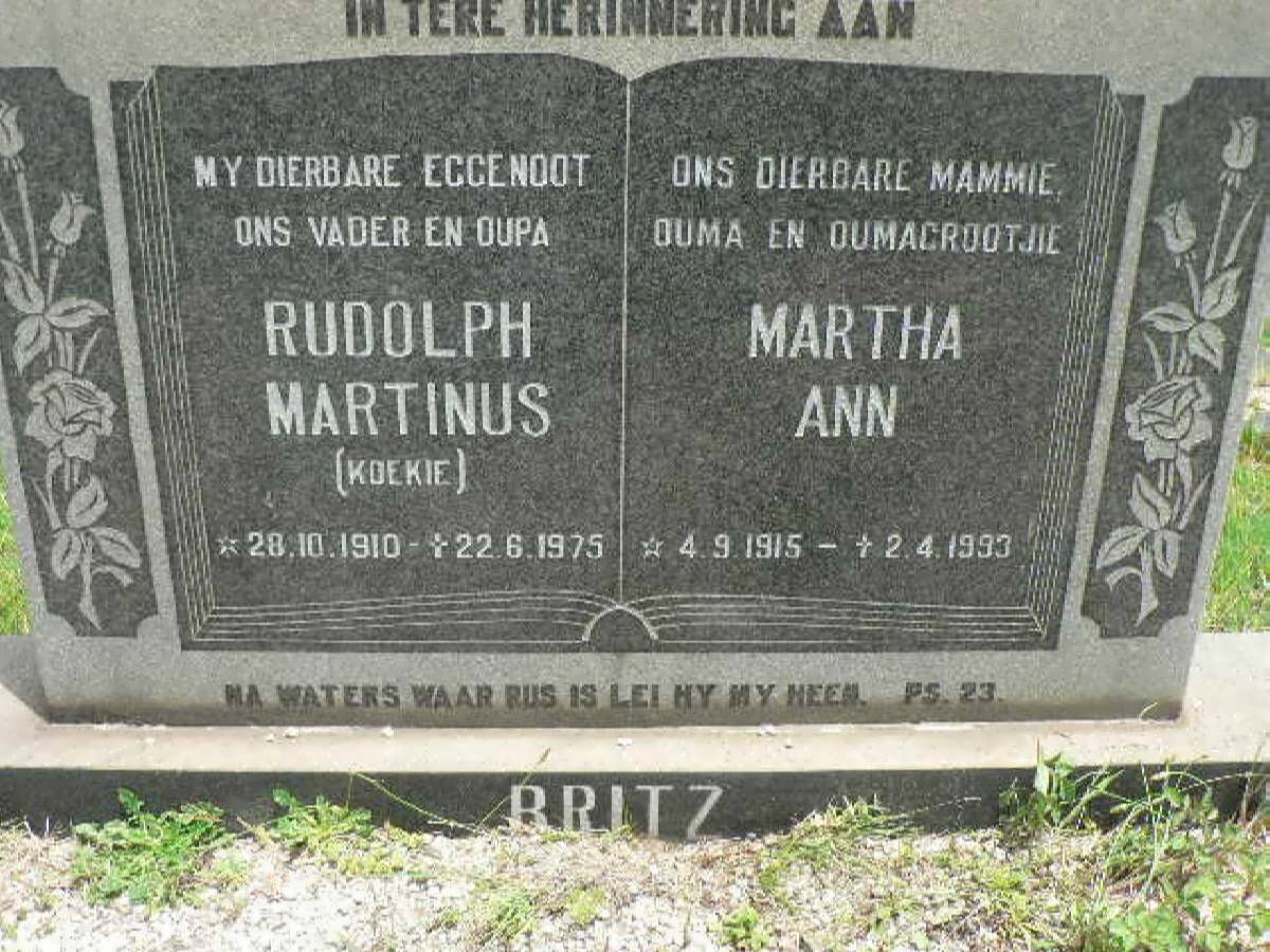 BRITZ Rudolph Martinus 1910-1975 &amp; Martha Ann 1915-1993
