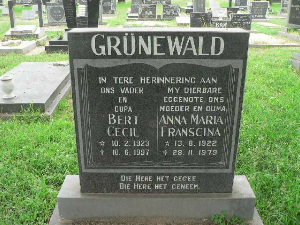 GRUNEWALD Bert Cecil 1923-1997 &amp; Anna Maria Franscina 1922-1979