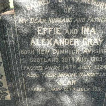 GRAY Alexander -1924 :: GRAY Jean -1911 :: MUIR Rebecca Harrison -1970 :: WEATHERBURN Euphemia McVigar nee GRAY 1910-1942