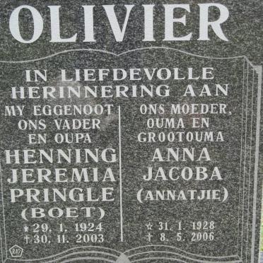 OLIVIER Henning Jeremia Pringle 1924-2003 &amp; Anna Jacoba 1928-2006