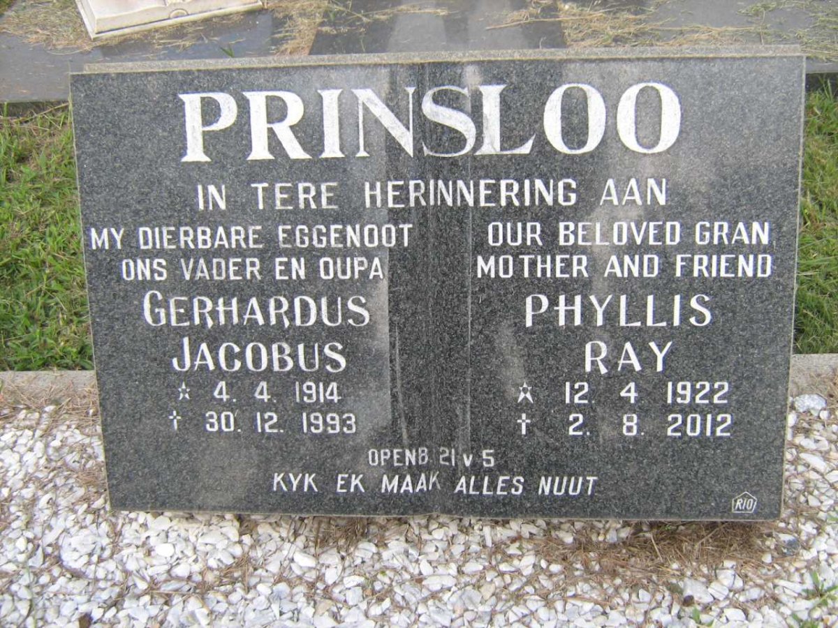PRINSLOO Gerhardus Jacobus 1914-1993 &amp; Phyllis Ray 1922-2012
