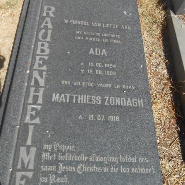 RAUBENHEIMER Matthiess Zondagh 1916- &amp; Ada 1924-1992