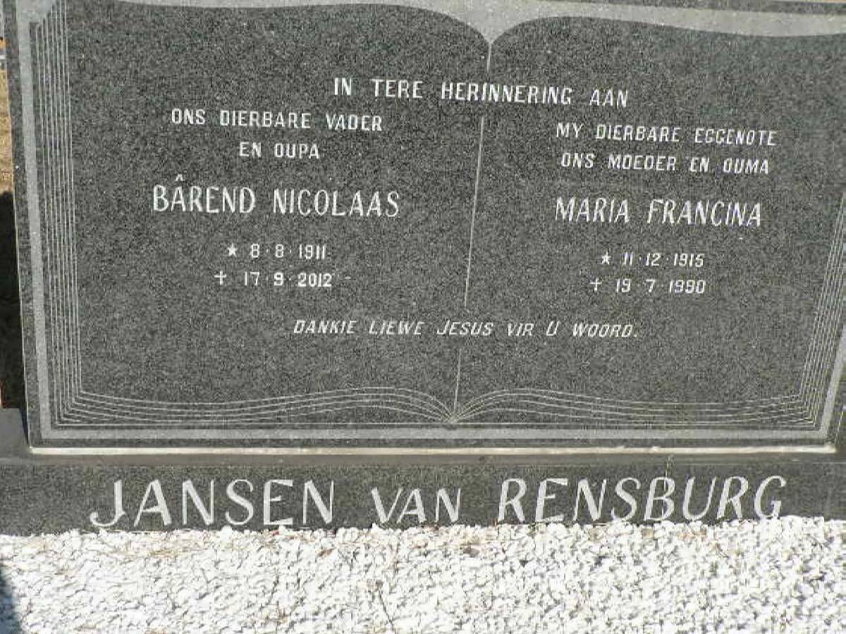 RENSBURG Barend Nicolaas, Jansen van 1911-1912 &amp; Maria Francina 1915-1990
