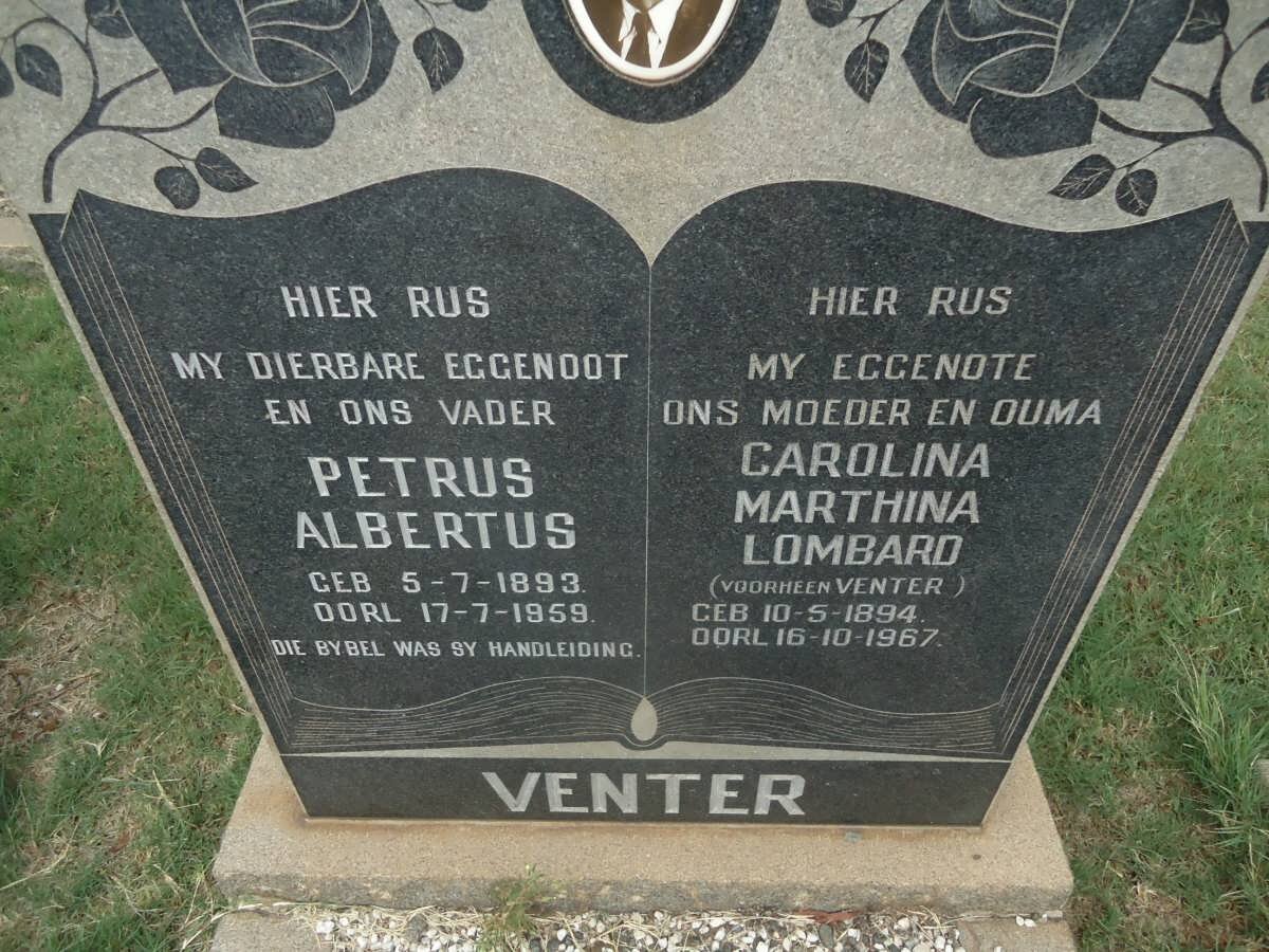 VENTER Petrus Albertus 1893-1959 &amp; Carolina Marthina LOMBARD, formerly VENTER 1894-1967