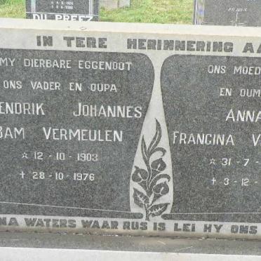 VERMEULEN Hendrik Johannes Bam 1903-1976 &amp; Anna Francina 1903-1983