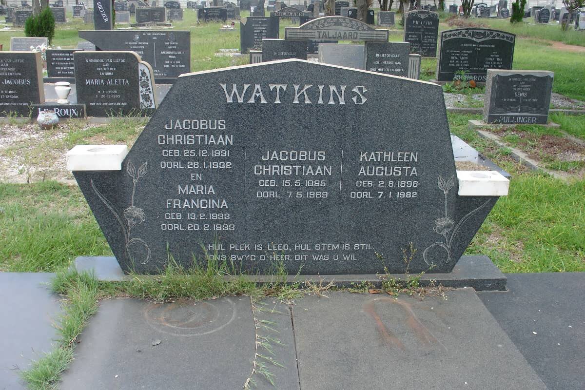 WATKINS Jacobus Christiaan 1895-1969 &amp; Kathleen Augusta 1898-1982