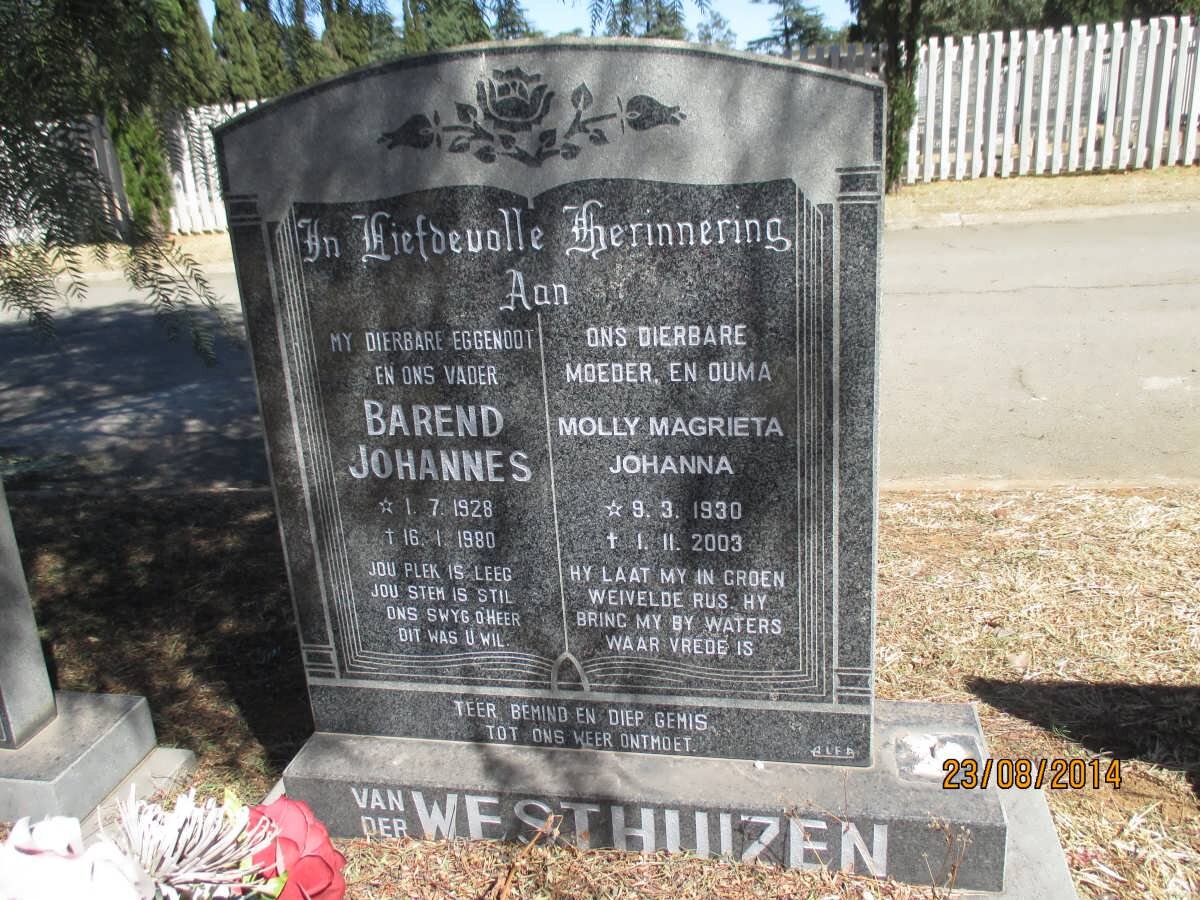 WESTHUIZEN Barend Johannes, van der 1928-1980 &amp; Molly Magrieta Johanna 1930-2003