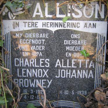 ALLISON Charles Lennox Browney 192?-199? &amp; Aletta Johanna 1939-