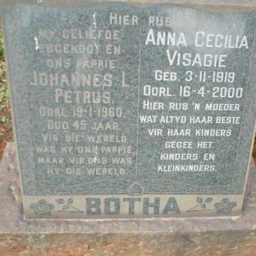 BOTHA Johannes L. Petrus  -1960 &amp; Anna Cecilia VISAGIE 1919-2000