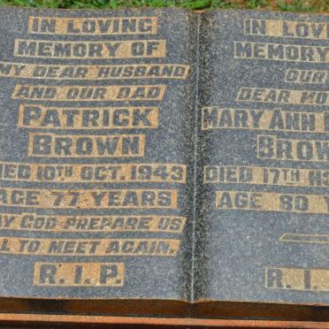 BROWN Patrick -1943 &amp; Mary Ann Louisa -1959