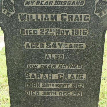 CRAIG William -1916 &amp; Sarah 1862-1931