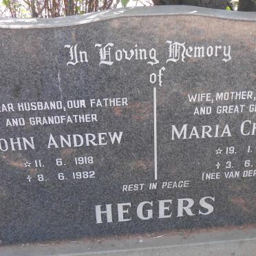 HEGERS John Andrew 1918-1982 &amp; Maria Christina VAN DER WATH 1926-2012