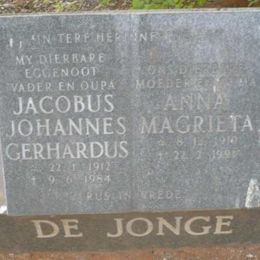 JONGE Jacobus Johannes Gerhardus, de 1912-1984 &amp; Anna Magrieta 1910-1991
