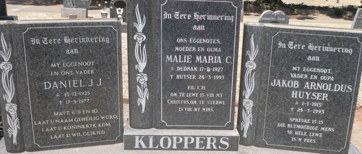 KLOPPERS Daniel J.J. 1925-1977 &amp; Malie Maria C. HUYSER nee DEDNAM 1927-1993