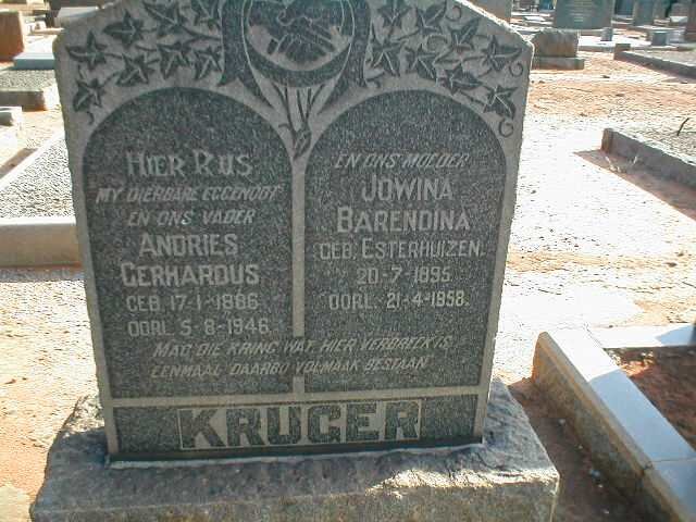 KRUGER Andries Gerhardus 1886-1946 &amp; Jowina Barendina ESTERHUIZEN 1895-1958