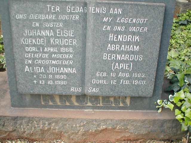 KRUGER Hendrik Abraham Bernardus 1883-1960 &amp; Alida Johanna 1890-1980 :: KRUGER Johanna Elsie   -1966