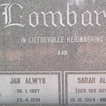 LOMBARD Jan Alwyn 1927-1974 &amp; Sarah Aletta VAN DEVENTER 1924-