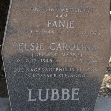 LUBBE Fanie 1944-1976 &amp; Elsie Carolina V.D. MERWE 1946-1984