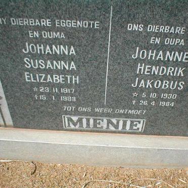 MIENIE Johannes Hendrik Jakobus 1930-1984 &amp; Johanna Susanna Elizabeth 1917-1983