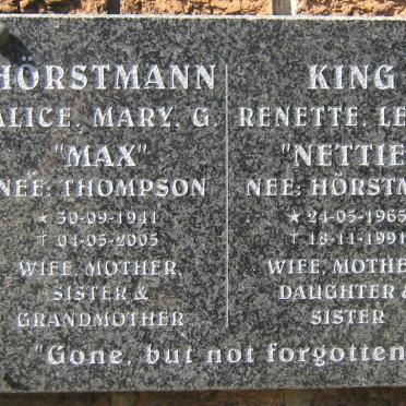 HÖRSTMANN Alice Mary G. nee THOMPSON 1941-2005 :: KING Renette Lenté nee HÖRSTMAN 1965-1991