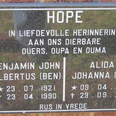 HOPE Benjamin John Albertus 1921-1990 &amp; Alida Johanna 1922-2001
