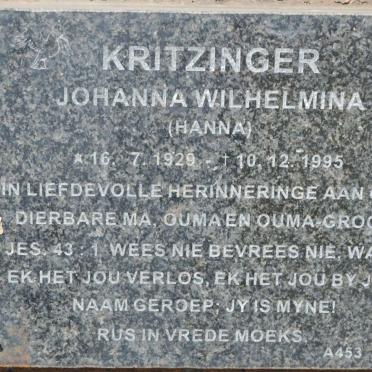 KRITZINGER Johanna Wilhelmina 1929-1995