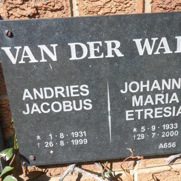 WALT Andries Jacobus, van der 1931-1999 &amp; Johanna Maria Etresia 1933-2000