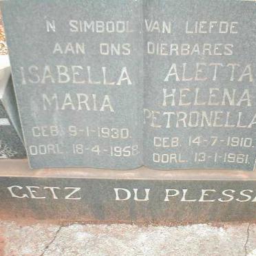 PLESSIS Aletta Helena Petronella, du 1910-1961:: GETZ Isabella Maria 1930-1958