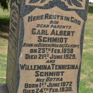 SCHMIDT Carl Albert 1858-1929 &amp; Willemina Tennisina BOTHA 1872-1930