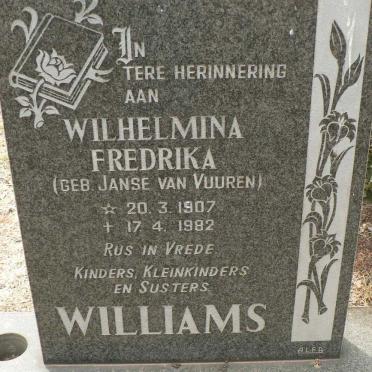 WILLIAMS Wilhelmina Fredrika nee JANSE VAN RENSBURG 1907-1982