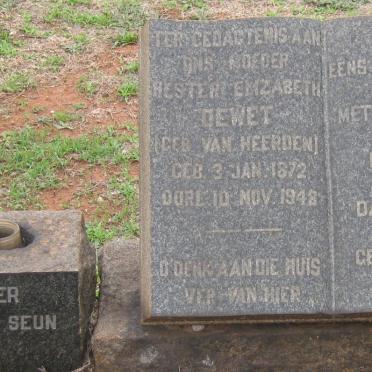 WET Hester Elizabeth, de nee VAN HEERDEN 1872-1948 :: DE WET Stephanus Johannes 1898-1949