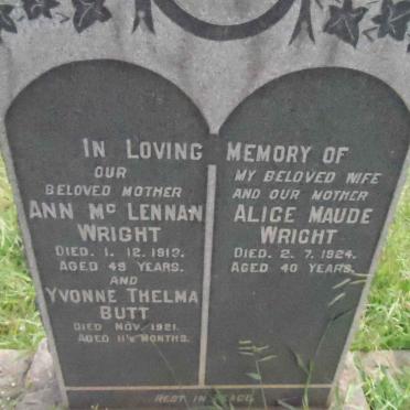 WRIGHT Ann McLennan -1912 :: BUTT Yvonne Thelma -1921 :: WRIGHT Alice Maude -1924