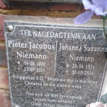 NIEMANN Pieter Jacobus 1930-2015 &amp; Johanna Suzanna 1934-2016