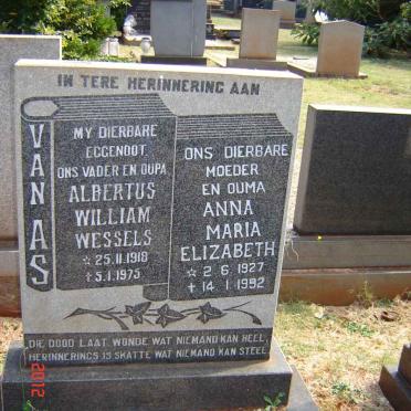 AS Albertus William Wessels, van 1918-1975 &amp; Anna Maria Elizabeth 1927-1992