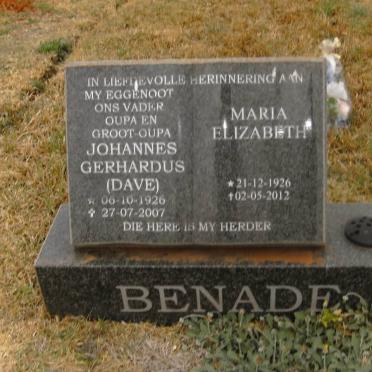 BENADE Johannes Gerhardus 1926-2007 &amp; Maria Elizabeth 1926-2012