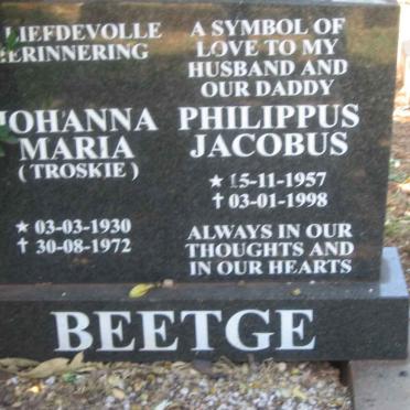 BEETGE Johanna Maria nee TROSKIE 1930-1972 :: BEETGE Philippus Jacobus 1957-1998 