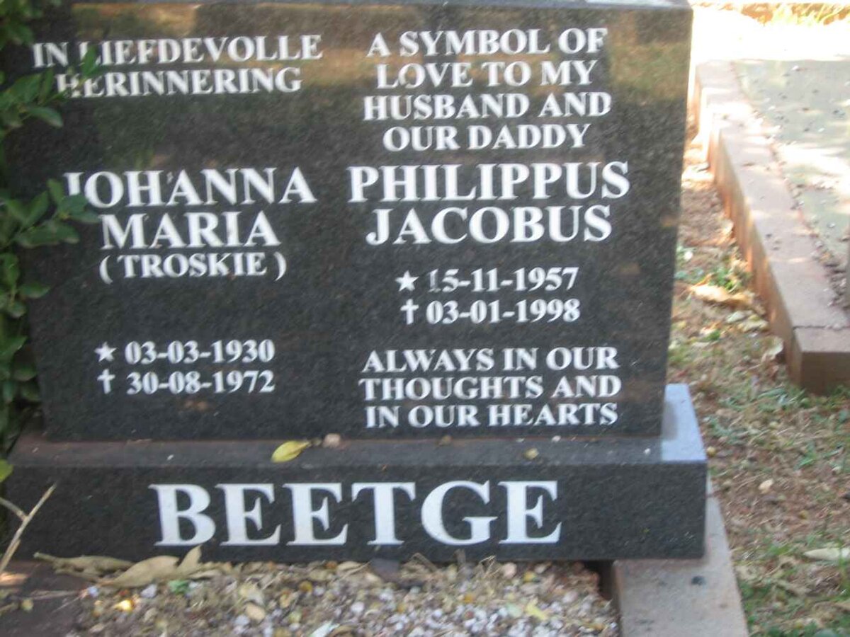 BEETGE Johanna Maria nee TROSKIE 1930-1972 :: BEETGE Philippus Jacobus 1957-1998 