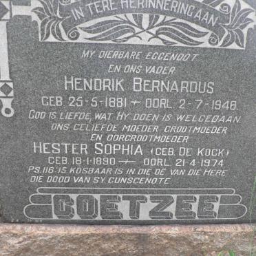 COETZEE Hendrik Bernardus 1881-1948 &amp; Hester Sophia DE KOCK 1890-1974
