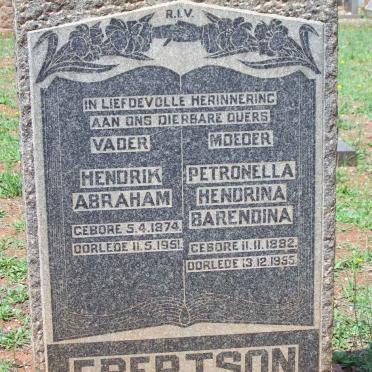 EBERTSON Hendrik Abraham 1874-1951 &amp; Petronella Hendrina Barendina 1882-1955