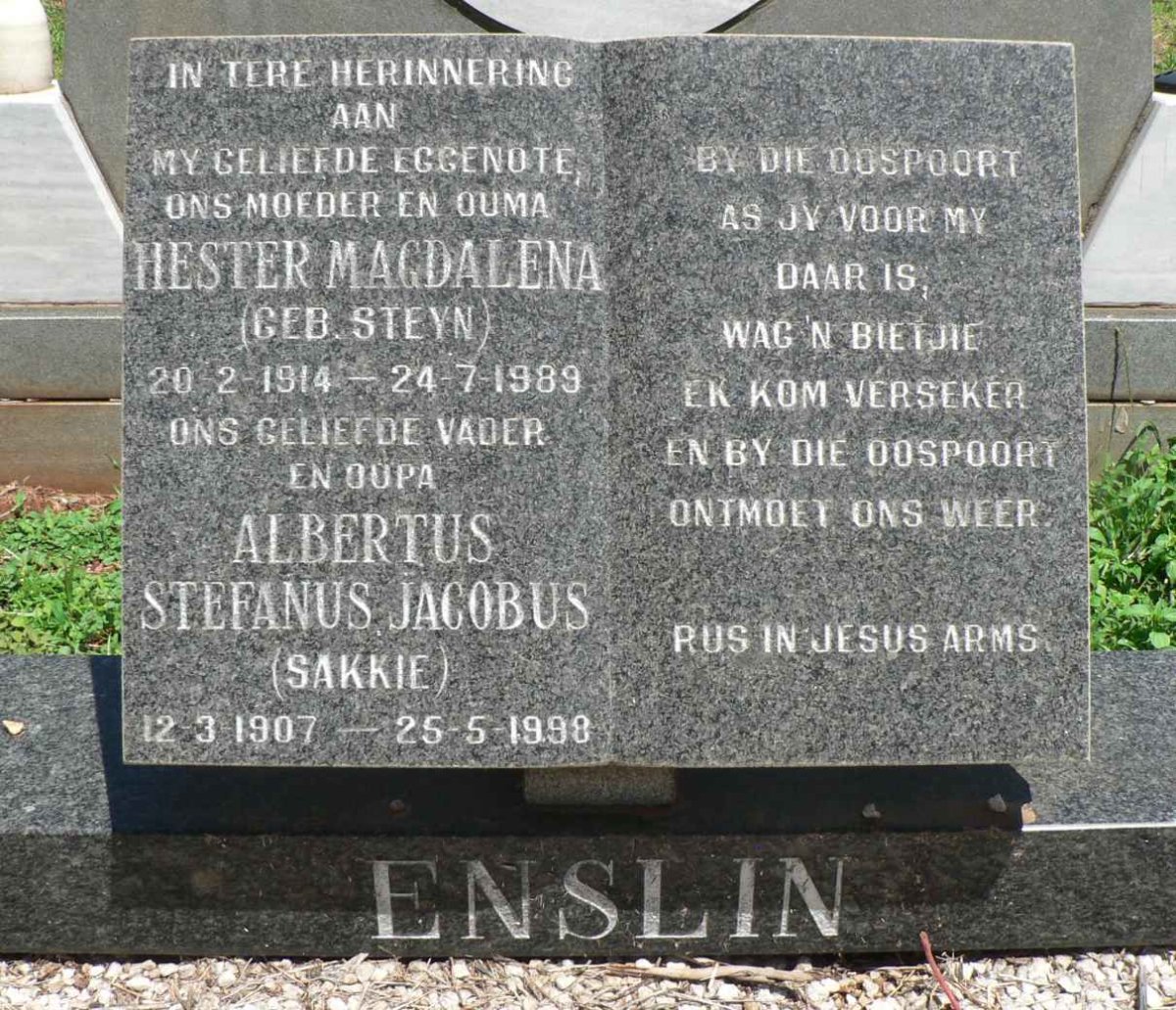 ENSLIN Albertus Stefanus Jacobus 1907-1998 &amp; Hester Magdalena STEYN 1914-1989