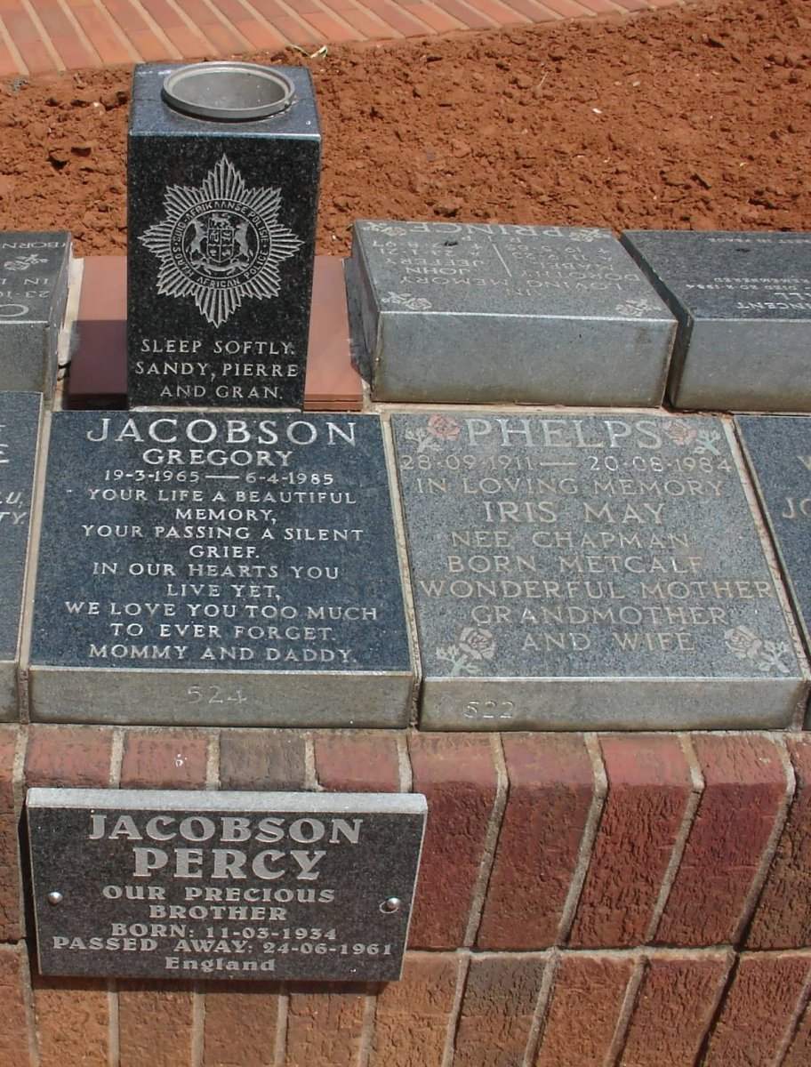 JACOBSON Gregory 1965-1985 :: JACOBSON Percy 1934-1961 :: PHELPS Iris May formerly CHAPMAN nee METCALF 1911-1984