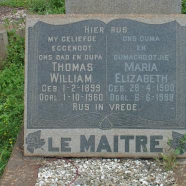 MAITRE Thomas William, le 1899-1960 &amp; Maria Elizabeth 1900-1998