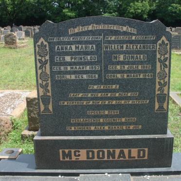 McDONALD Willem Alexander 1882-1949 &amp; Anna Maria PRINSLOO 1897-1966