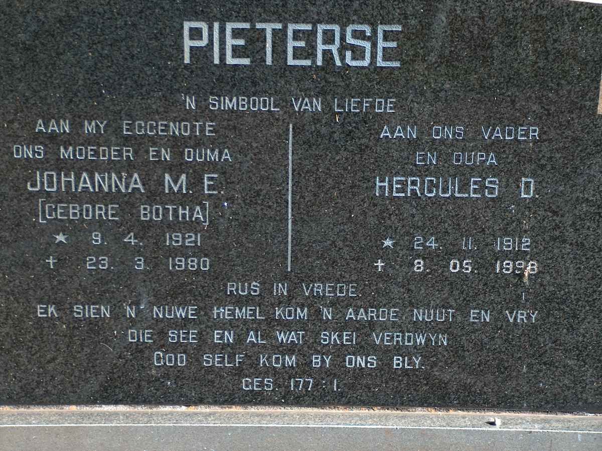 PIETERSE Hercules D. 1912-1998 &amp; Johanna M.E. BOTHA 1921-1980