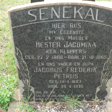 SENEKAL Jacobus Frederik Petrus 1883-1970 &amp; Hester Jacomina KLOPPERS 1886-1965