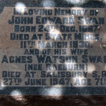 SWAN John Edward 1867-1930 &amp; Agnes Watson RAEBURN -1947
