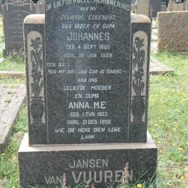 VUUREN Johannes, Jansen van 1885-1959 &amp; Anna M.E. 1903-1992